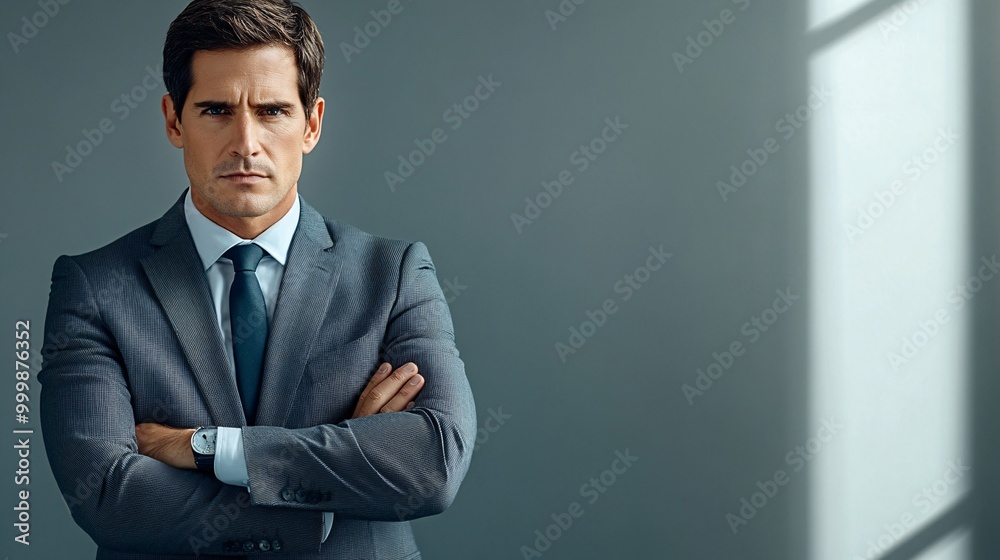 Poster a confident businessman with arms crossed and a slight smile representing professionalism and credib