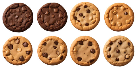 Obraz premium Four different types of cookies - a chocolate cookie, a chocolate chip cookie, a pecan cookie, and a peanut butter cookie with a Transparent Background