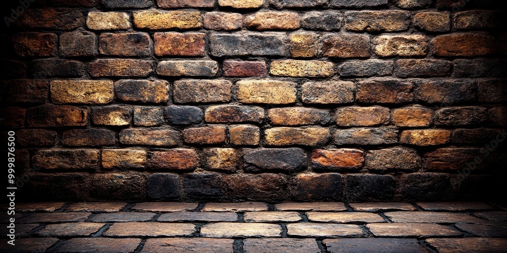 Aufkleber a rustic brick wall with a cobblestone floor, creating a dramatic and textured background