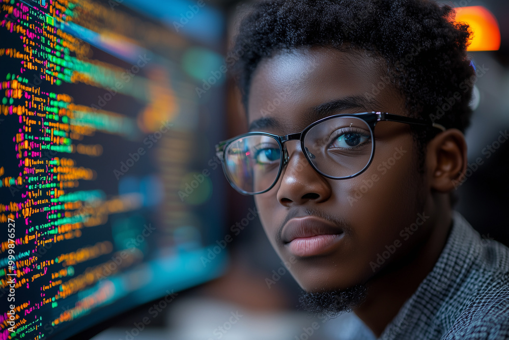 Wall mural focused programmer working on code - technology and innovation