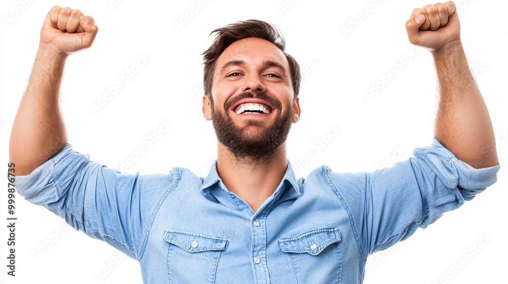 Poster a businessman with arms raised in victory and a broad smile expressing great success and celebration