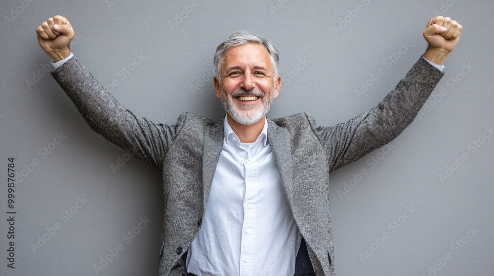 Poster a businessman with arms raised in victory and a broad smile expressing great success and celebration