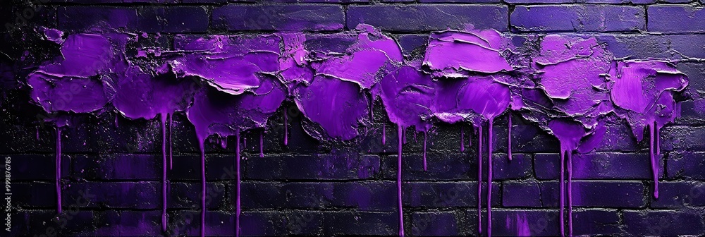 Poster purple paint drips and streaks across a dark brick wall, creating an abstract and textured backdrop.
