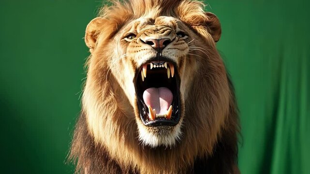 Roaring lion with a powerful expression on a green screen backdrop, embodying strength and dominance. Perfect for wild themed projects