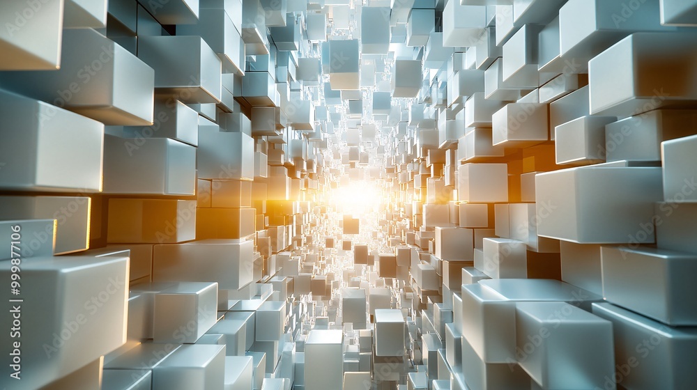 Poster Abstract 3D staircase made of metallic cubes ascending towards a bright light symbolizing career advancement and achieving life goals Large space for text in center Stock Photo with copy space