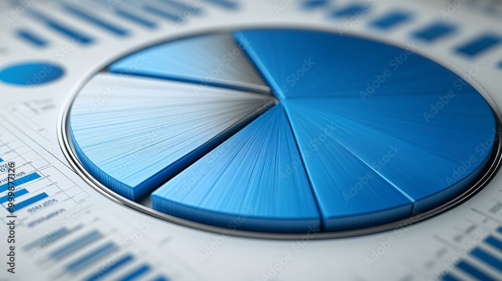 Poster Blue and silver 3D pie chart segments connecting seamlessly symbolizing business strategy and teamwork for success Large space for text in center Stock Photo with copy space