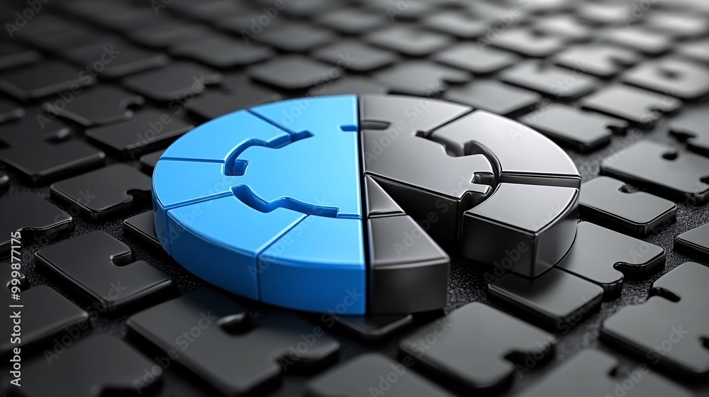 Leinwandbilder Blue and silver 3D pie chart segments connecting seamlessly symbolizing business strategy and teamwork for success Large space for text in center Stock Photo with copy space