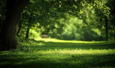 Fototapeta premium Tranquil Sunlit Pathway in Lush Green Forest