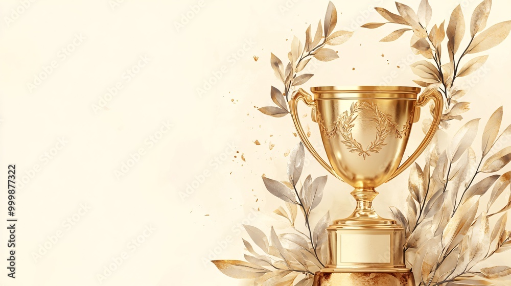 Poster 3D golden trophy with laurel wreaths floating in the air representing success and achievement in business and life isolated on a soft gradient background Large space for text in center Stock Photo