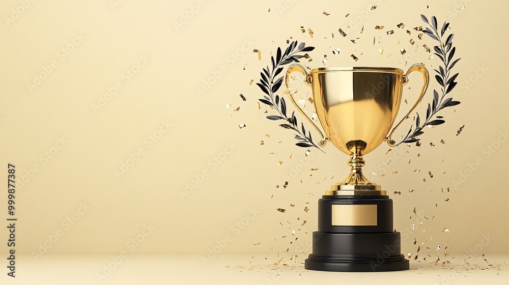 Poster 3D golden trophy with laurel wreaths floating in the air representing success and achievement in business and life isolated on a soft gradient background Large space for text in center Stock Photo