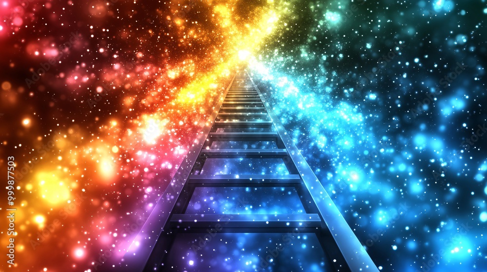 Poster Abstract 3D ladder structure leading upwards through a vibrant background symbolizing the path to success and self-development Large space for text in center Stock Photo with copy space
