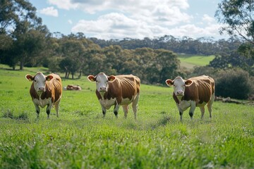 Fototapeta premium sapi sapi dan betis merumput di rumput di barat daya victoria, Australia. makan jerami dan silase. keturunan termasuk berbintik-bintik taman, murray abu-abu, angus dan brangus. generative ai