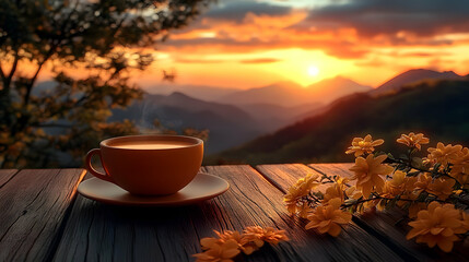 Coffee at Sunset with Mountain View and Flowers