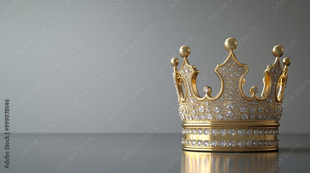 Poster golden 3d crown symbol hovering over a reflective surface representing leadership and supreme achiev