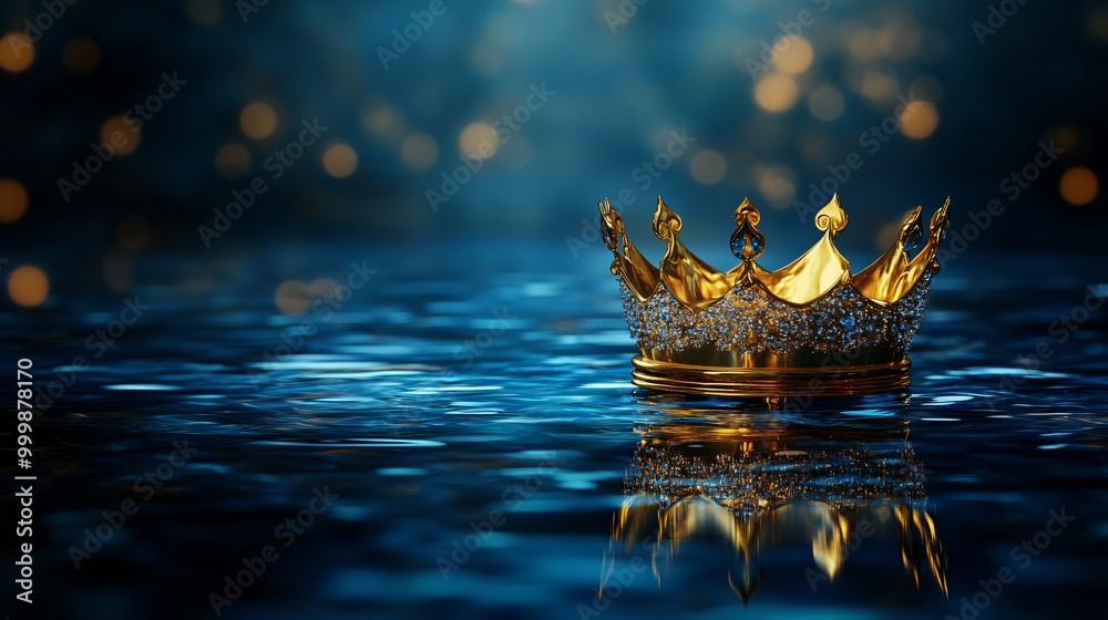 Poster golden 3d crown symbol hovering over a reflective surface representing leadership and supreme achiev