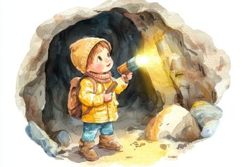 A curious child explores a cave with a flashlight, wearing a yellow coat and backpack, evoking a sense of adventure and discovery.