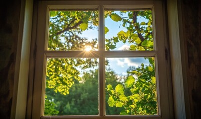 Naklejka premium Sunlight and Green Leaves Through Wooden Window