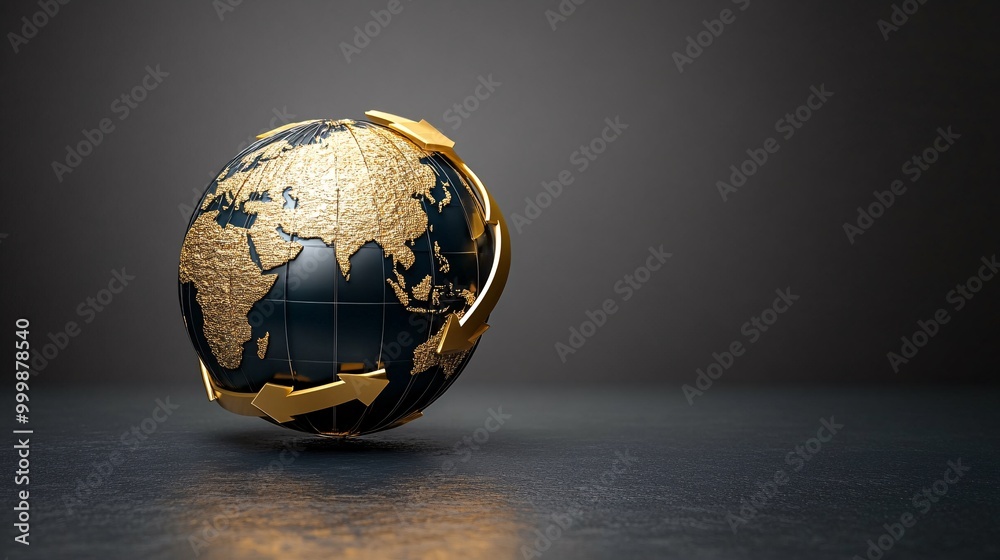 Poster 3D-rendered globe with golden arrows circling around symbolizing global business success and international expansion Large space for text in center Stock Photo with copy space