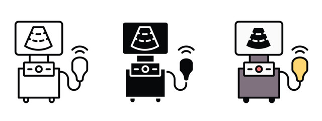 Set of three Ultrasound device icon in outlined,silhouette and editable color, ultrasound machine editable icons set, ultrasound and diagnoses device