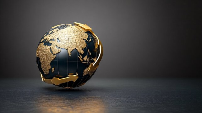 3D-rendered globe with golden arrows circling around symbolizing global business success and international expansion Large space for text in center Stock Photo with copy space
