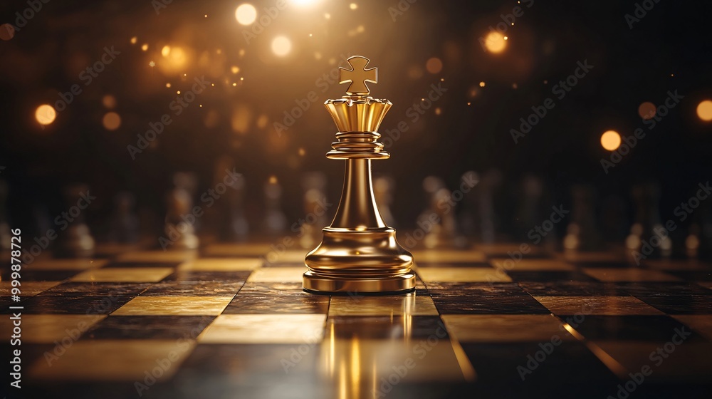 Aufkleber Abstract 3D chessboard with golden king piece standing in the center symbolizing strategic thinking and victory in business Large space for text in center Stock Photo with copy space