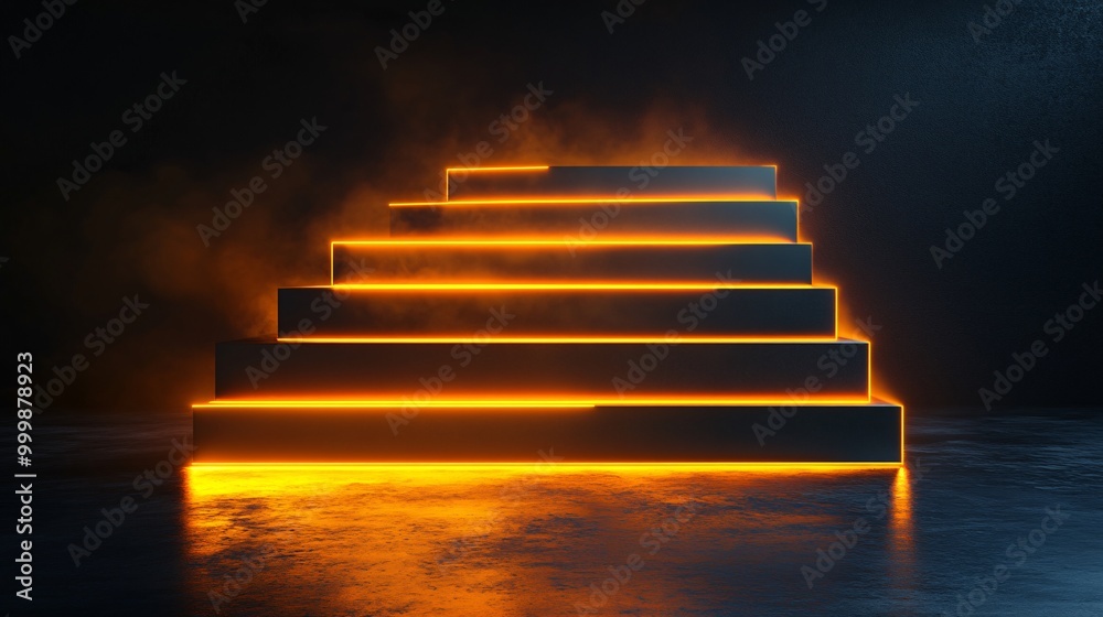 Poster Dynamic 3D concept of golden stairs ascending from a base platform towards a glowing peak symbolizing the journey to success Large space for text in center Stock Photo with copy space