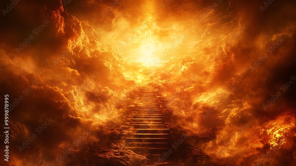 Poster Dynamic 3D concept of golden stairs ascending from a base platform towards a glowing peak symbolizing the journey to success Large space for text in center Stock Photo with copy space