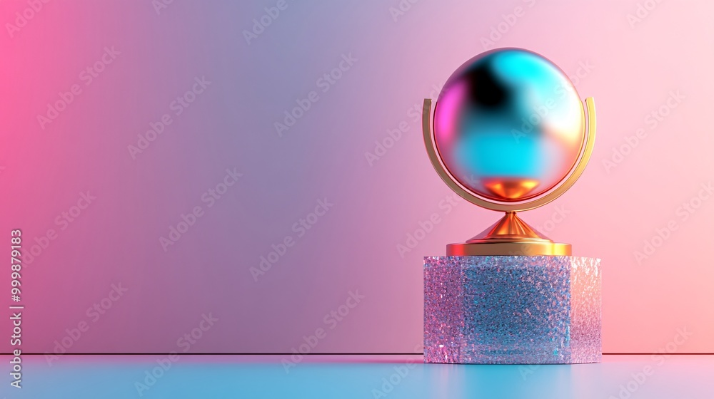 Poster golden 3d trophy atop a crystal pedestal symbolizing the pinnacle of business success and achievemen