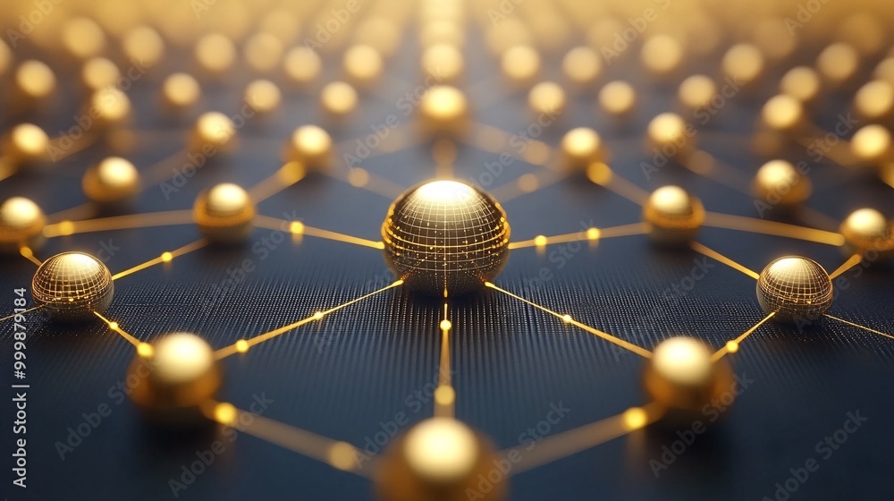 Poster Abstract 3D network of golden spheres and connecting lines representing successful teamwork and innovation Large space for text in center Stock Photo with copy space