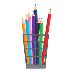 Wire pencil cup holder with colored pencils. Vector illustration isolated on white background