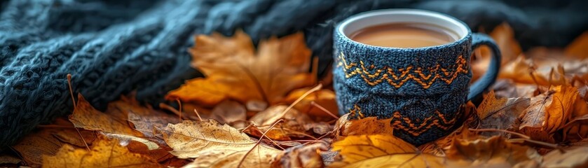 A cozy autumn setup with a patterned blanket, a hot drink, and a pile of golden leaves, ideal for seasonal text space