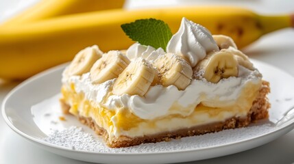 delicious sweet banana dessert with cottage cheese and butter cream and whipped cream. Aesthetic dessert. Beautiful presentation of the dish. AI generation.