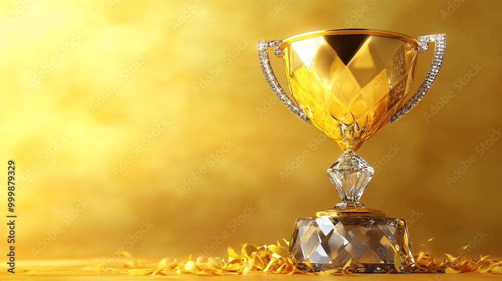 Poster golden 3d trophy atop a crystal pedestal symbolizing the pinnacle of business success and achievemen