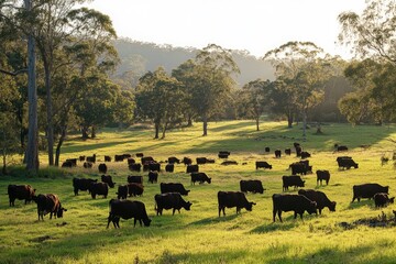 sapi sapi dan betis merumput di rumput di barat daya victoria, Australia. makan jerami dan silase. keturunan termasuk berbintik-bintik taman, murray abu-abu, angus dan brangus. generative ai
