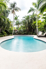 Fototapeta premium Serene backyard oasis with a curved swimming pool surrounded by lush tropical plants on a cloudy day