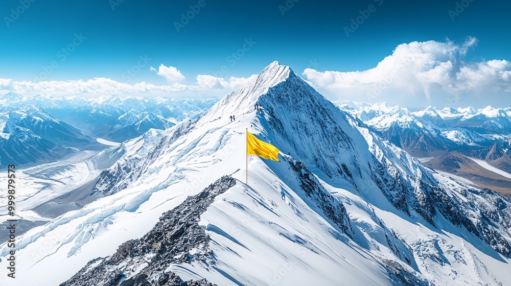 Poster Abstract 3D mountain peak with a golden flag planted on the summit representing reaching the ultimate goal of success Large space for text in center Stock Photo with copy space