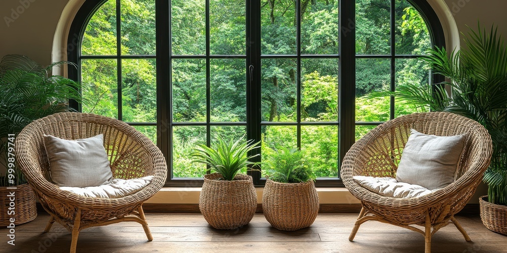 Poster two wicker chairs with white cushions placed in front of a large window overlooking a lush green for