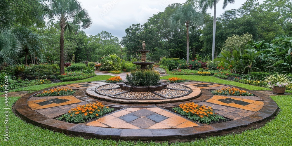 Poster a decorative fountain in a garden, surrounded by a circular patio of patterned stone and framed by l