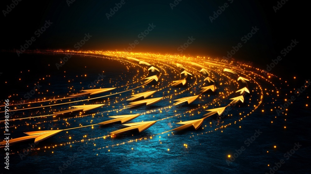 Aufkleber Abstract 3D wave of golden arrows flowing upward and forward symbolizing momentum and progress in life and business Large space for text in center Stock Photo with copy space