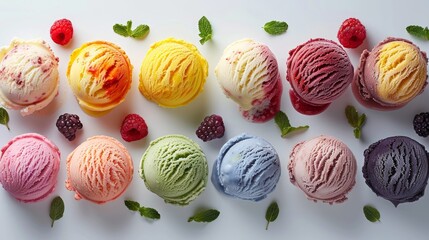 Obraz premium Ice cream scoop ball with fruits toppings on white background cutout. Many assorted different flavour Mockup template for artwork design 