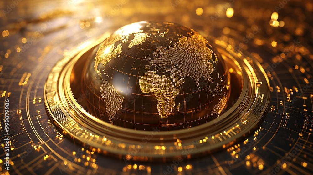 Poster Abstract 3D globe surrounded by golden rings and arrows symbolizing global reach and success in international business Large space for text in center Stock Photo with copy space