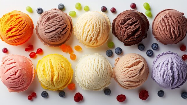 Ice cream scoop ball with fruits toppings on white background cutout. Many assorted different flavour Mockup template for artwork design 