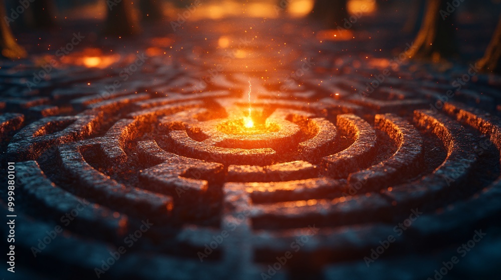Aufkleber Abstract 3D labyrinth design with a golden path leading to the center symbolizing overcoming challenges and achieving success Large space for text in center Stock Photo with copy space