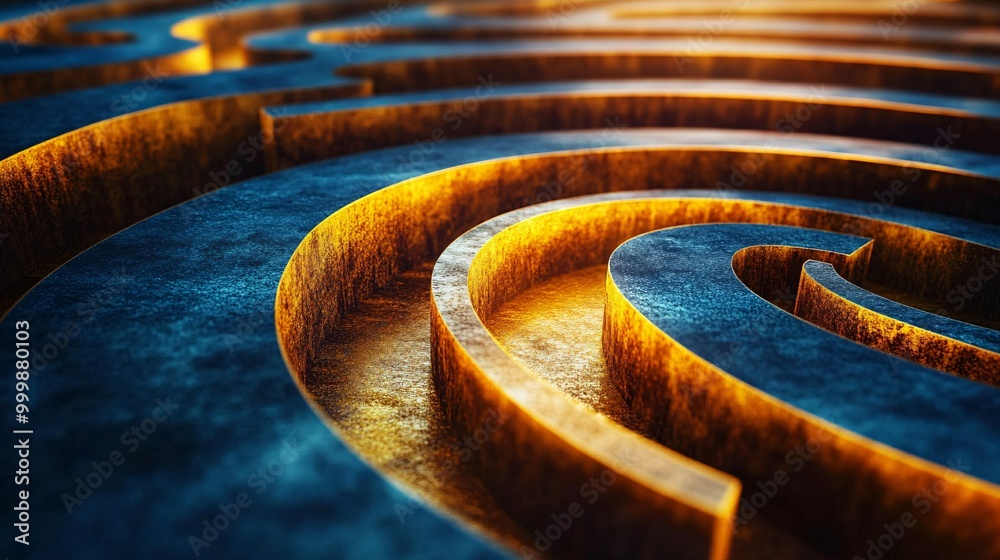 Poster Abstract 3D labyrinth design with a golden path leading to the center symbolizing overcoming challenges and achieving success Large space for text in center Stock Photo with copy space