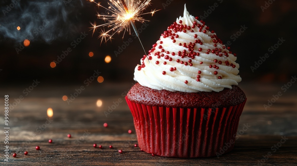 Poster A red velvet cupcake with white frosting and red sprinkles topped with a lit sparkler, creating a festive and celebratory atmosphere.