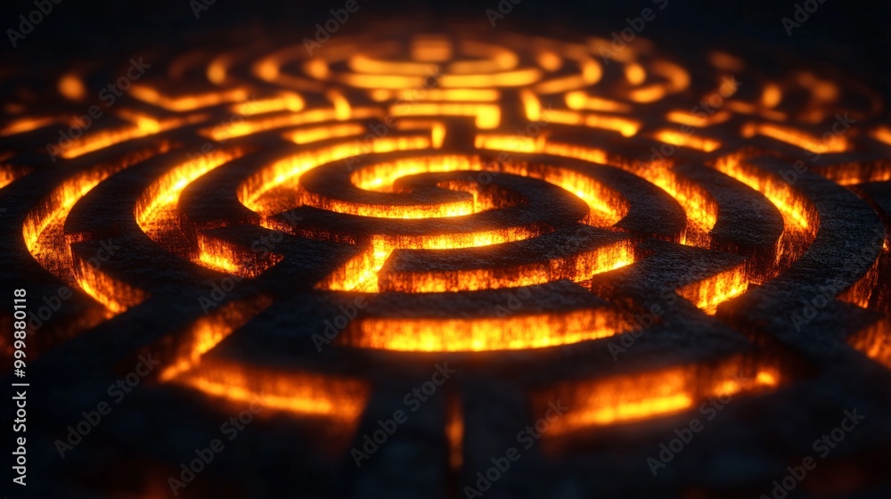 Aufkleber Abstract 3D labyrinth design with a golden path leading to the center symbolizing overcoming challenges and achieving success Large space for text in center Stock Photo with copy space