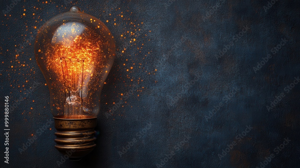 Poster a glowing light bulb with warm light and sparkling particles on a dark blue textured background.
