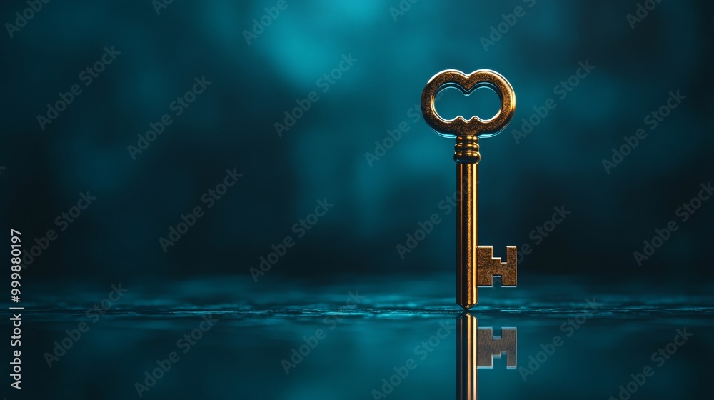 Aufkleber Golden 3D key floating above a reflective surface representing unlocking potential and success in business and life Large space for text in center Stock Photo with copy space