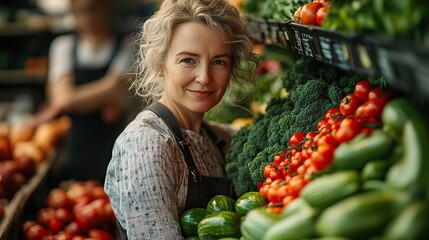 confident senior shop assistant in supermarket in vegetable shell in bakcground is her colleague filling stock