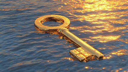 Golden 3D key floating above a reflective surface representing unlocking potential and success in business and life Large space for text in center Stock Photo with copy space